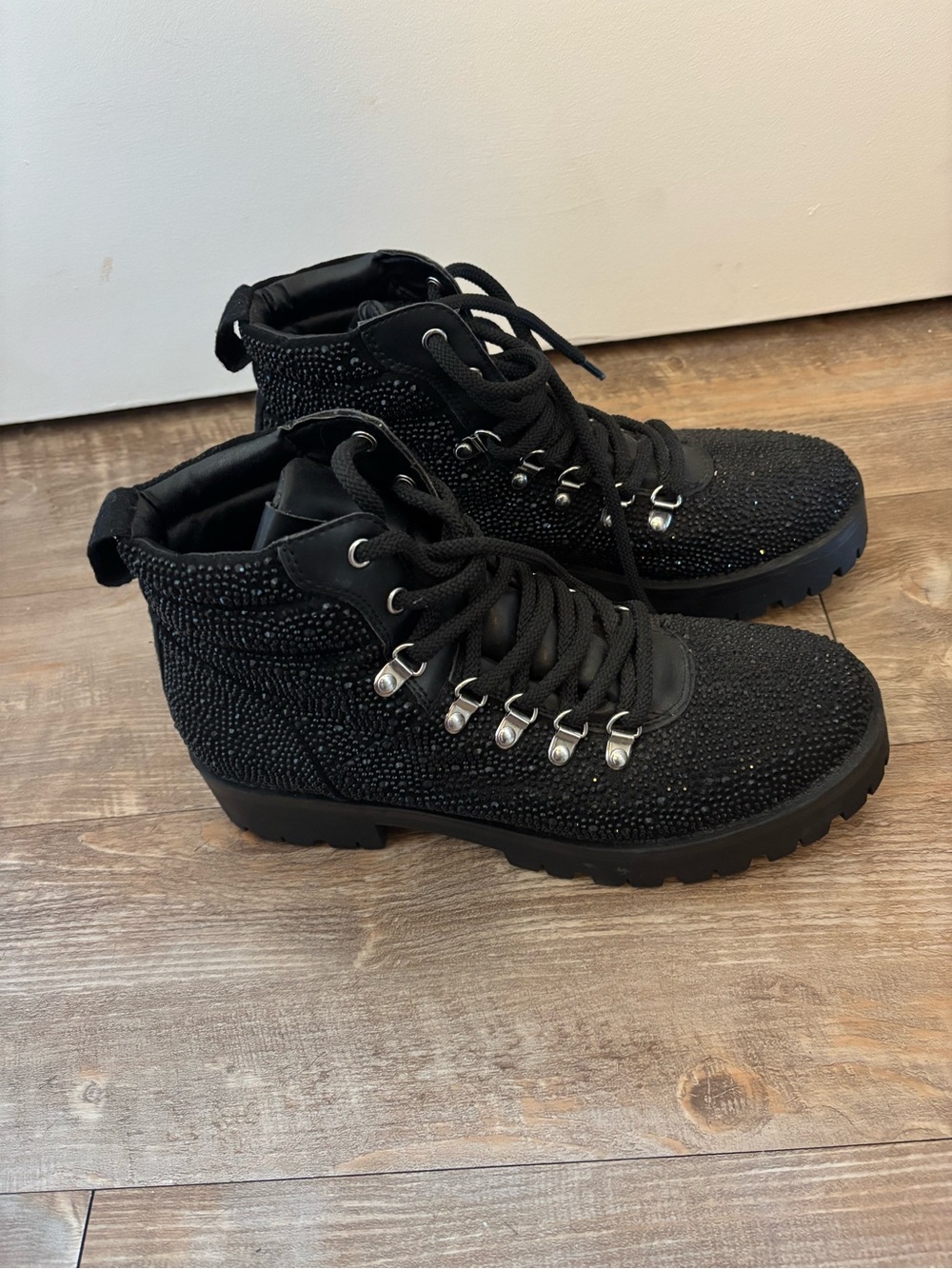 Black Rhinestone Embellished Lace-Up Combat Boots